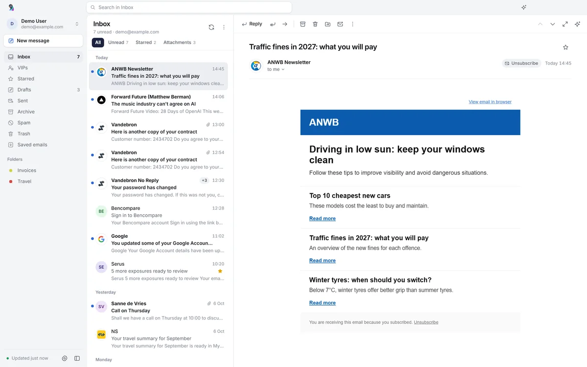 The same inbox in light mode.