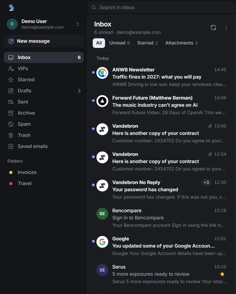 Three-pane inbox with three more messages from Vandebron No Reply folded into one row marked +3.