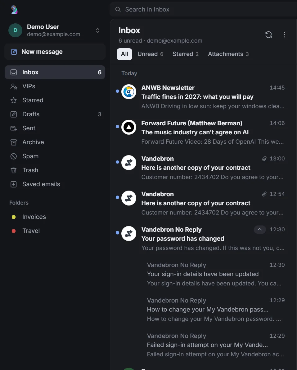 Four messages from one sender unfolded in the message list.