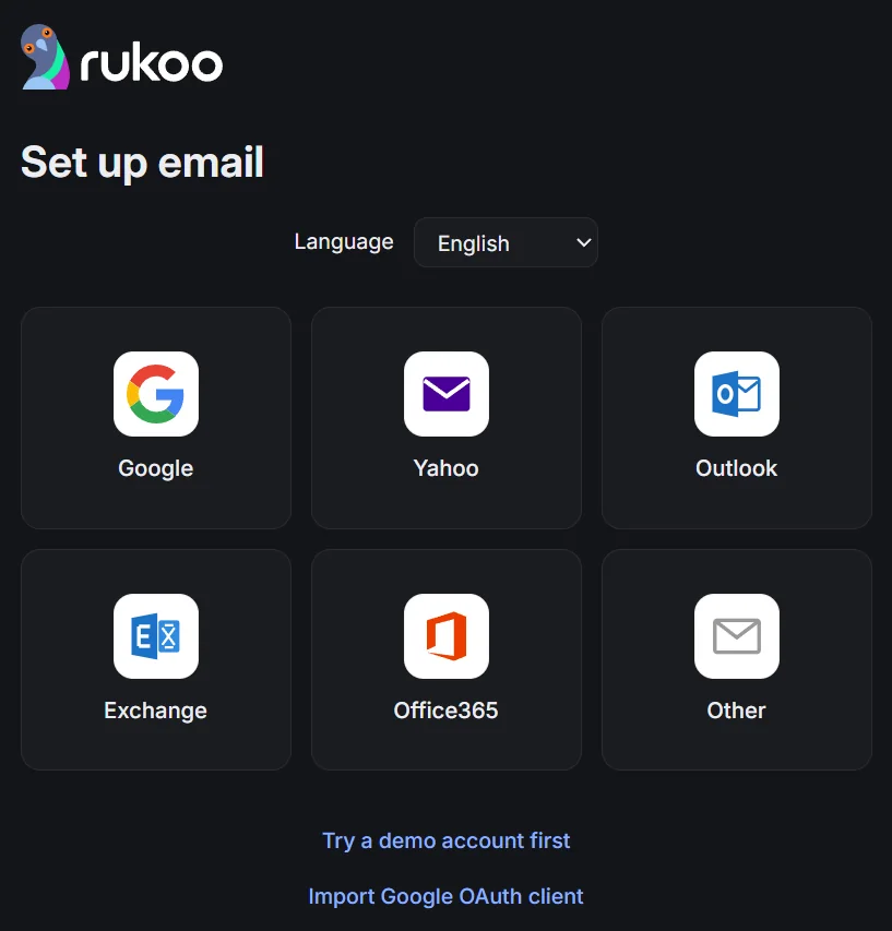 Account setup with provider choices: Google, Yahoo, Outlook, Exchange, Office365 and Other.
