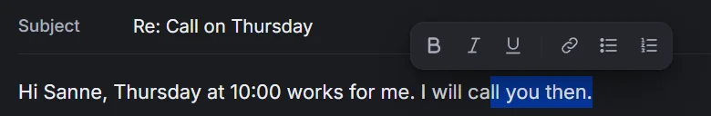 Formatting controls above selected text in a reply.