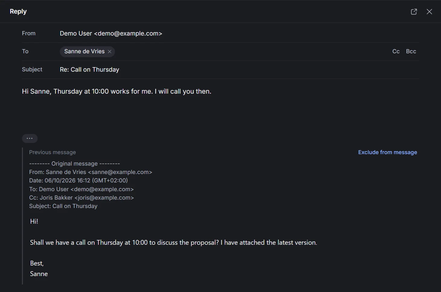 A reply to Sanne in the reading pane, with the earlier mail expanded and an option to exclude it from the message.